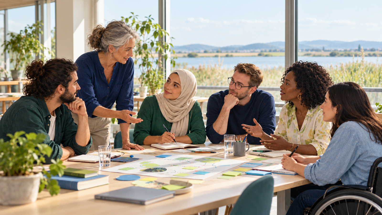 Diverse adult learners and educators collaborating in an inclusive learning environment